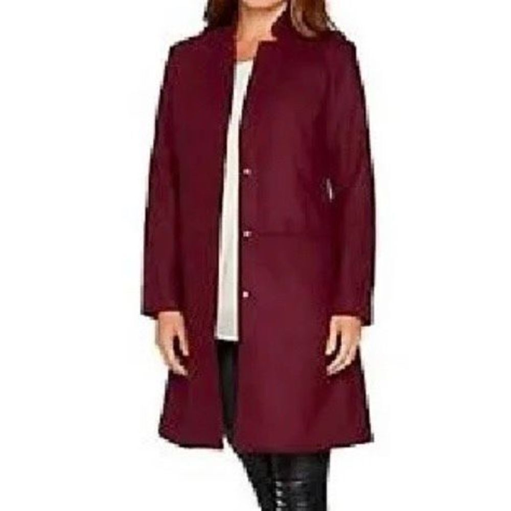 H by Halston Knee Length Snap Front Coat with Notch Collar Maroon Burgundy Size